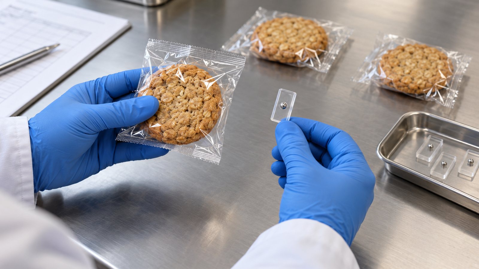 Illustration of gloved hands holding a sealed cookie pack and a transparent test coupon above a stainless-steel bench.